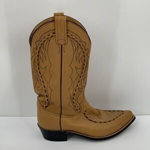 Dan Post Western Cowboy boots tan brown leather stitch vintage pull-on men 9.5